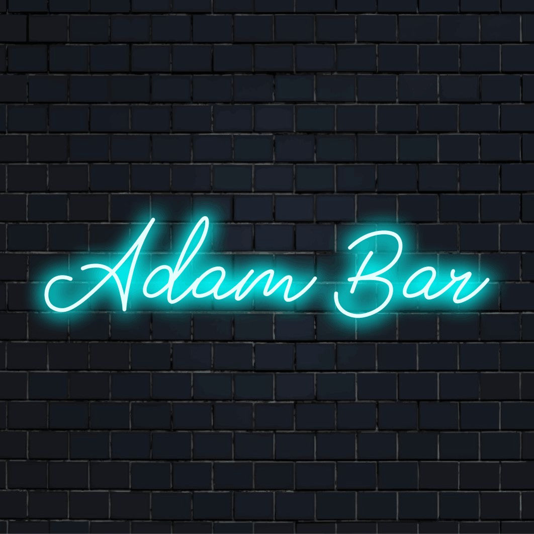 Adam Bar Custom Name Neon Sign, bright neon glow against brick backdrop