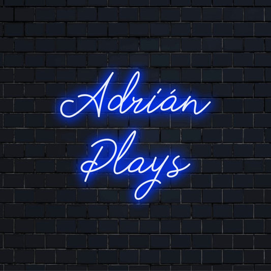 Adrian Plays Custom Name Neon Sign, glowing lettering against brick backdrop