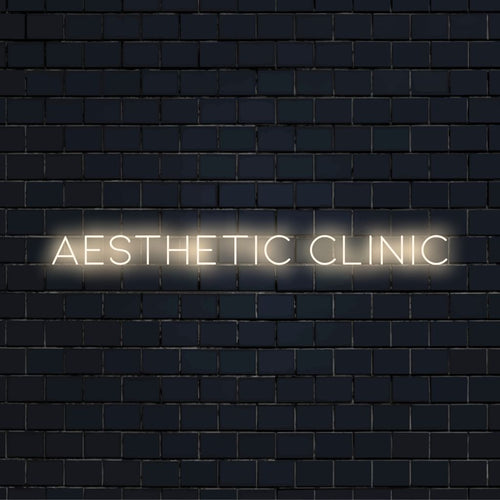 Aesthetic Clinic Neon Sign, bright neon glow on dark brick background