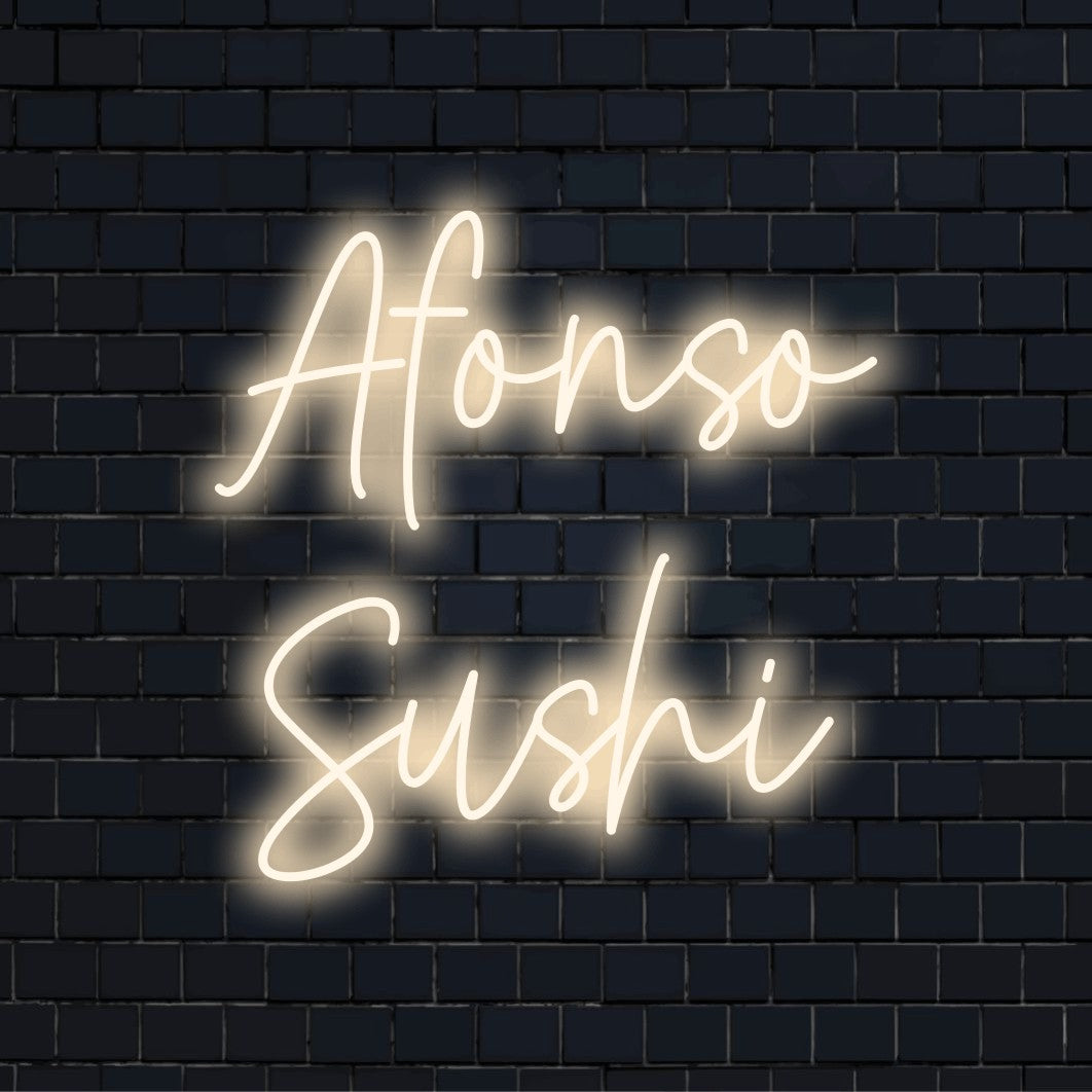 Afonso Sushi Custom Name Neon Sign, bright LED glow against brick backdrop