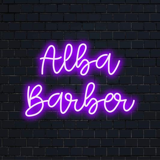 Alba Barber Custom Name Neon Sign, neon text light on dark brick background