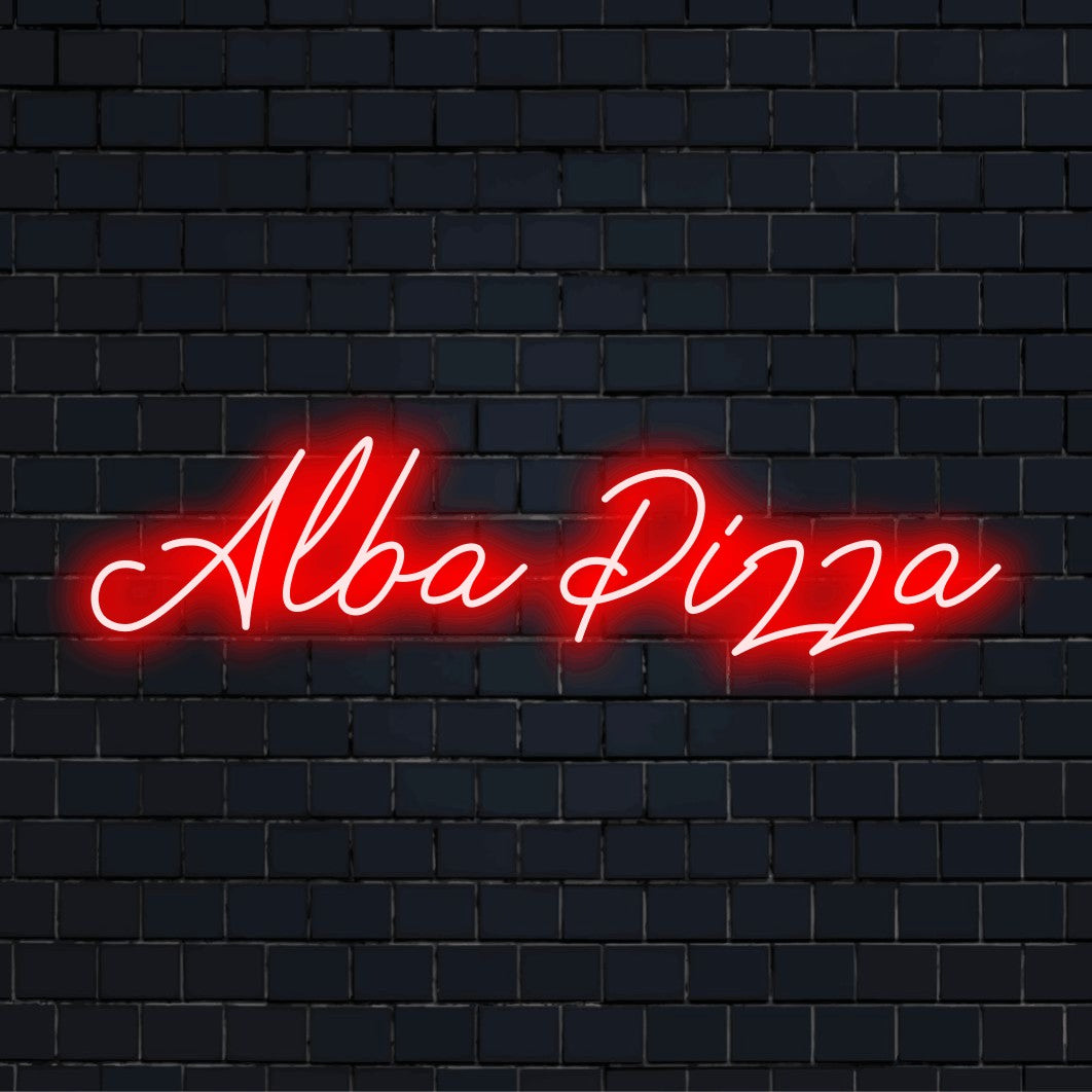Alba Pizza Personalized LED Neon Sign, glowing neon text against brick backdrop