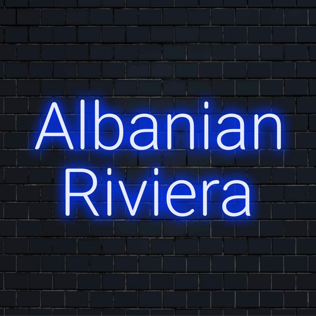 Albanian Riviera LED Neon Sign, glowing wall decor on dark brick wall