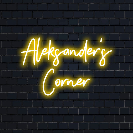 Aleksander_s Corner Custom Name Neon Sign, glowing neon text on black brick background