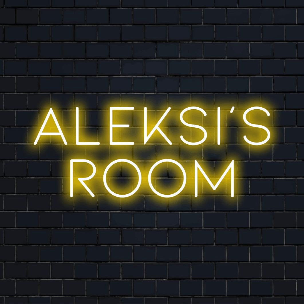 Aleksi_s Room Personalized Neon Light with glowing neon text on dark brick wall
