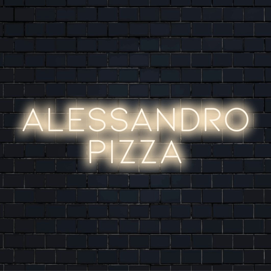 Alessandro Pizza Personalized Neon Light with neon text light against brick backdrop