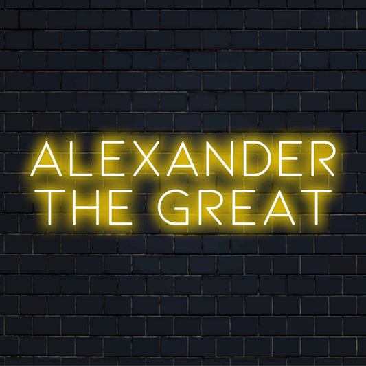 Alexander The Great LED Neon Sign, glowing lettering on dark brick wall