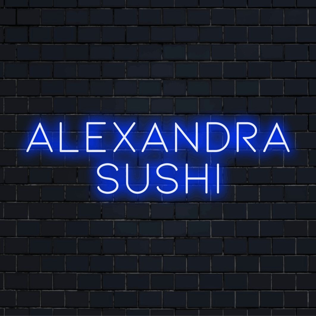 Alexandra Sushi Custom Name Neon Sign, glowing wall decor on dark brick wall