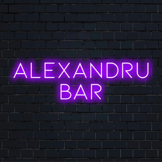 Alexandru Bar Personalized LED Neon Sign, bright neon glow on dark brick wall