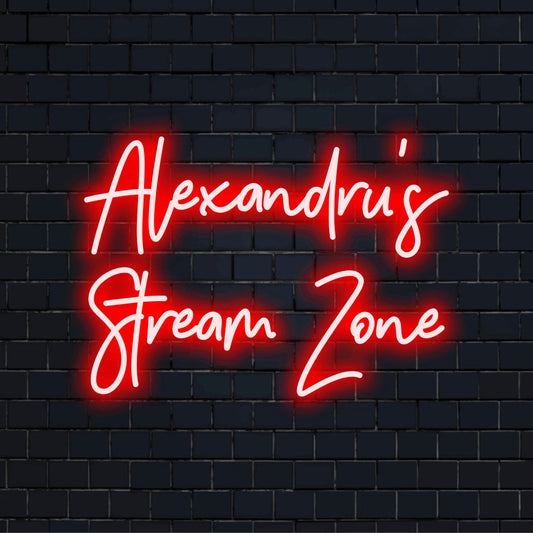 Alexandru_s Stream Zone Custom Name Neon Sign, bright LED glow against brick backdrop