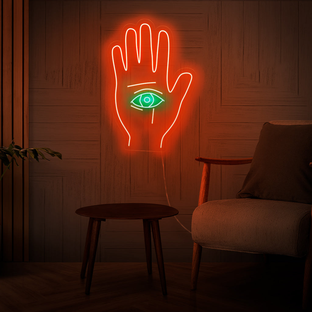 Letreiro de neon feito à mão com o olho que tudo vê em uma palmeira, um símbolo místico e espiritual, perfeito como arte de parede com luz.