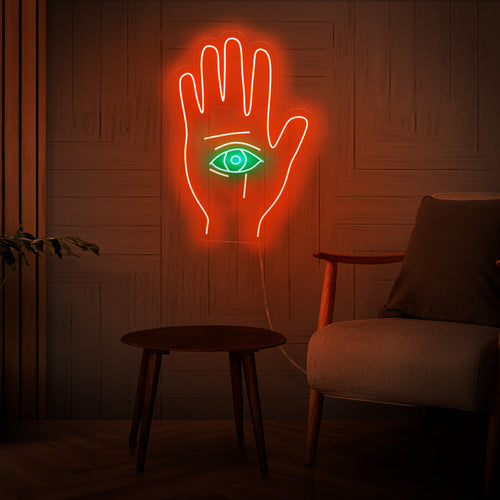 Letreiro de neon feito à mão com o olho que tudo vê em uma palmeira, um símbolo místico e espiritual, perfeito como arte de parede com luz.
