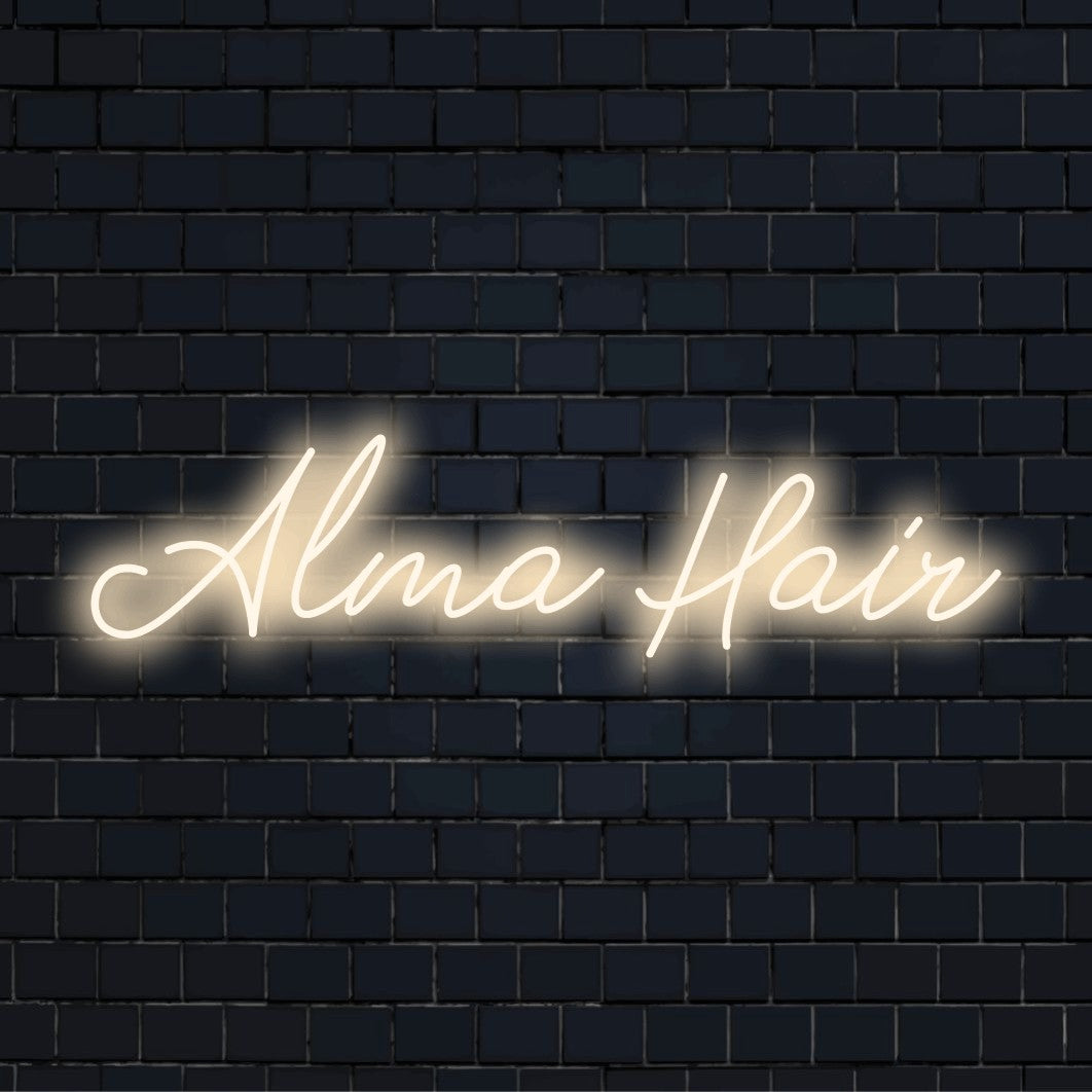 Alma Hair Personalized LED Neon Sign, soft neon glow on dark brick wall