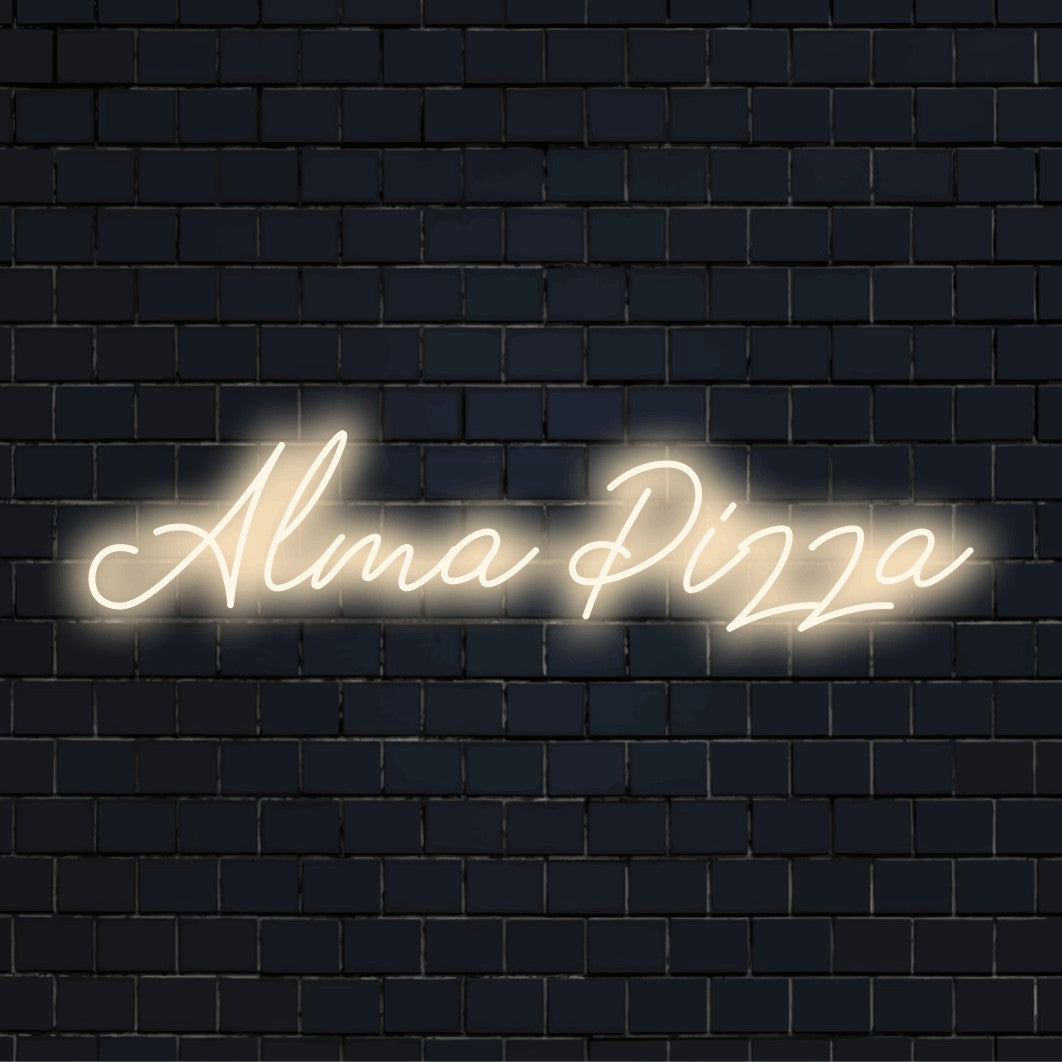 Alma Pizza Custom Name Neon Sign, bright LED glow on dark brick background