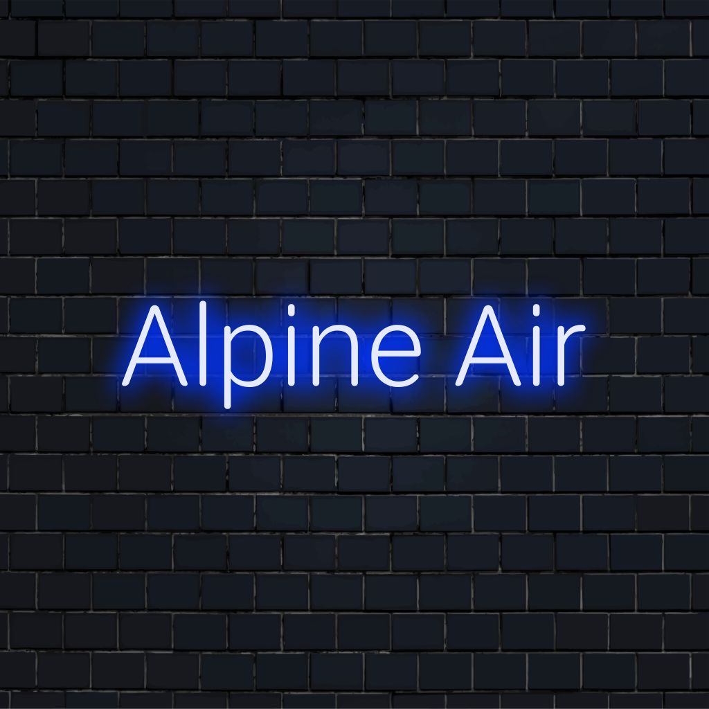 Alpine Air Neon Sign, neon text light against brick backdrop