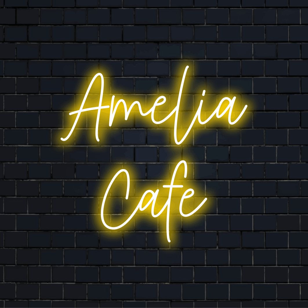 Amelia Cafe Custom Name Neon Sign, neon text light on black brick background