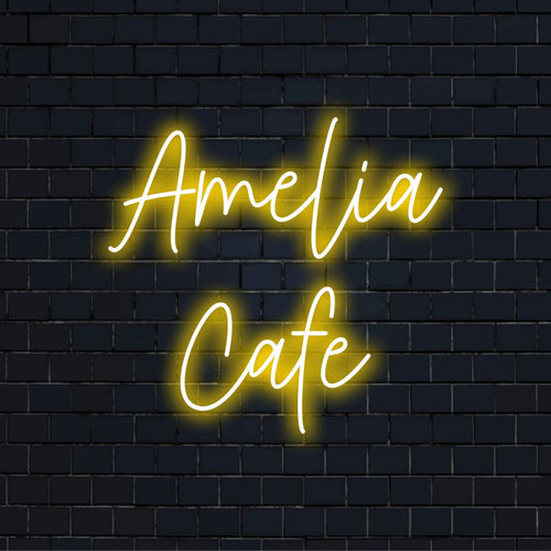 Amelia Cafe Custom Name Neon Sign, neon text light on black brick background