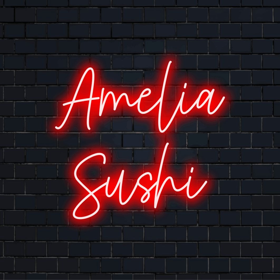 Amelia Sushi Custom Name Neon Sign, glowing lettering on dark brick wall