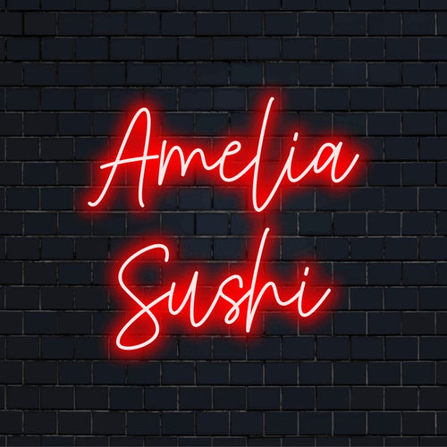 Amelia Sushi Custom Name Neon Sign, glowing lettering on dark brick wall