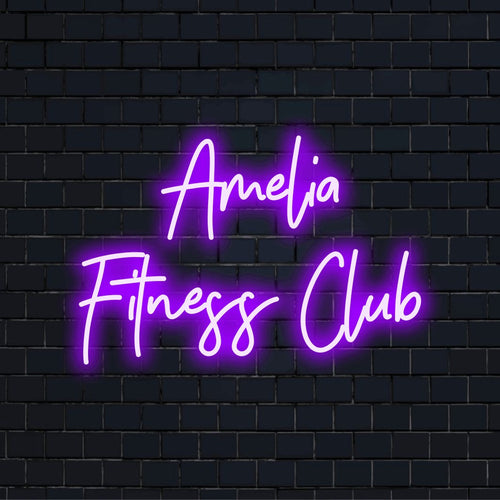 Amelia Fitness Club Custom Name Neon Sign, neon text light on dark brick wall
