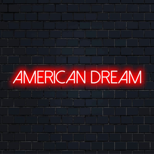 American Dream Neon Light with soft neon glow on dark brick wall