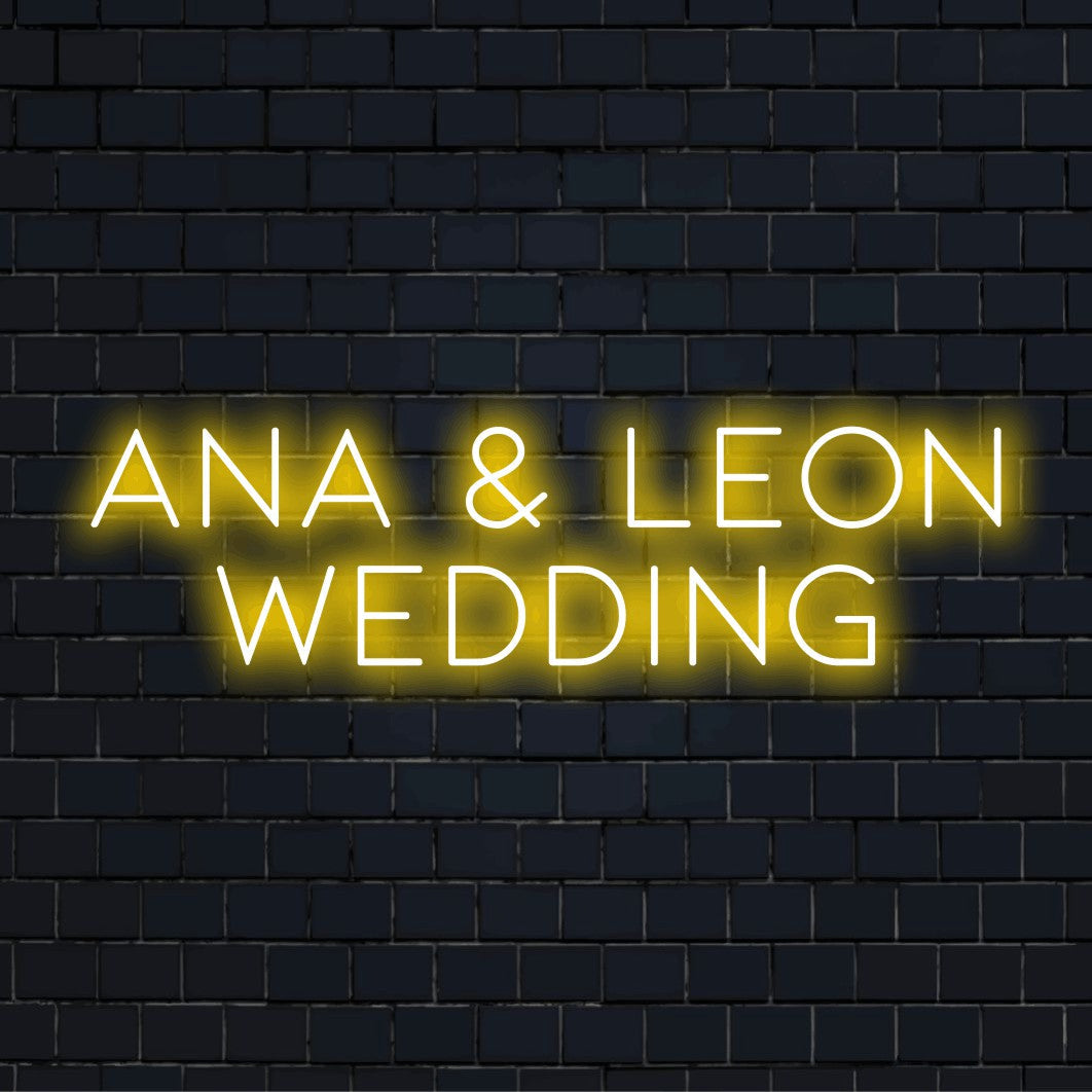 Ana _ Leon Wedding Personalized LED Neon Sign, bright neon glow on dark brick wall