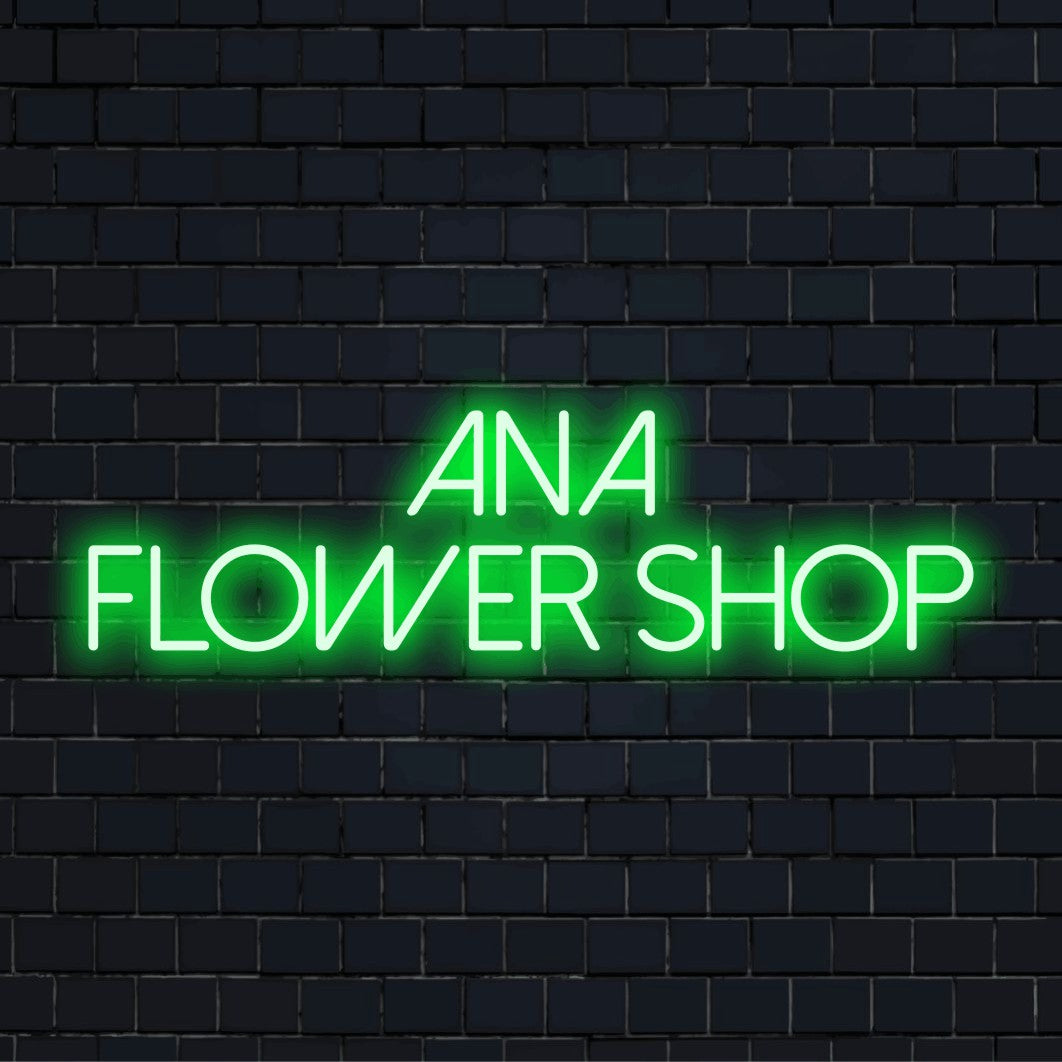 Ana Flower Shop Custom Name Neon Sign, glowing neon text on dark brick background