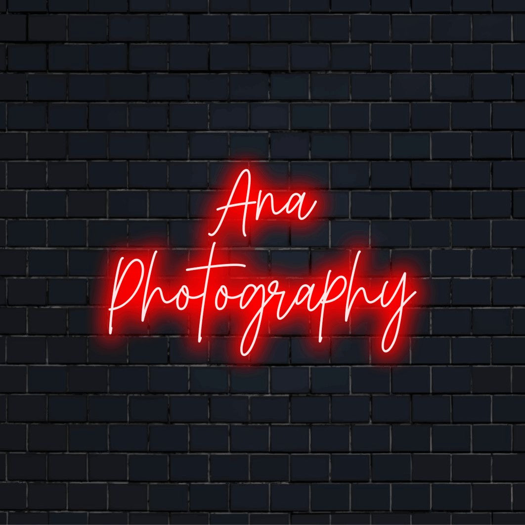 Ana Photography Personalized LED Neon Sign, bright LED glow on dark brick background