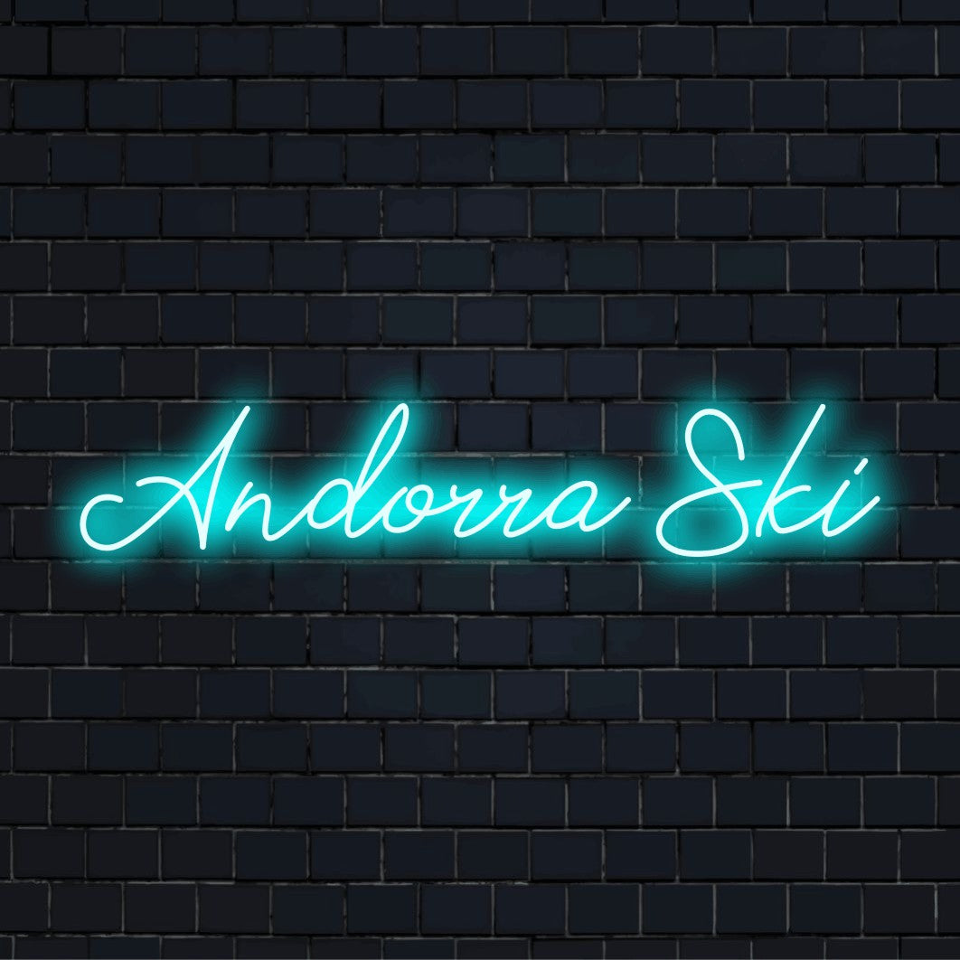 Andorra Ski LED Neon Sign, glowing wall decor on dark brick background