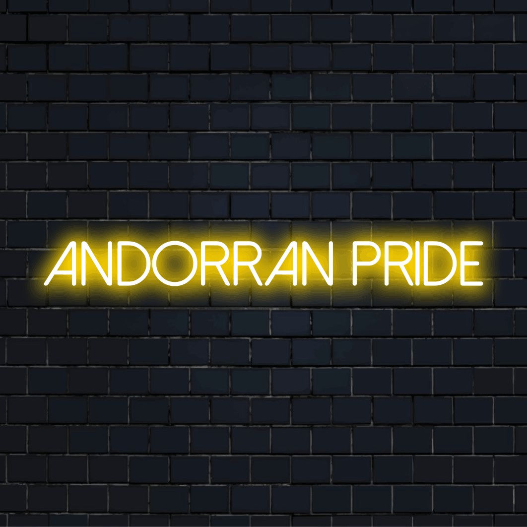 Andorran Pride Neon Sign, bright LED glow on dark brick background
