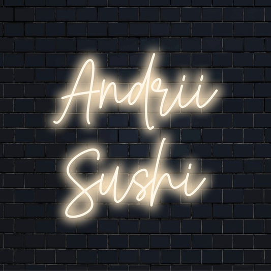 Andrii Sushi Custom Name Neon Sign, soft neon glow on dark brick background