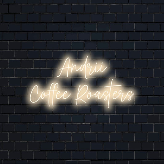 Andrii Coffee Roasters Custom Name Neon Sign, soft neon glow on dark brick background