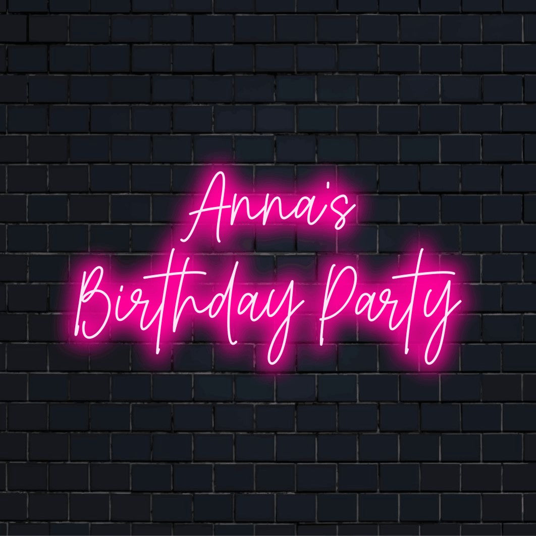 Anna_s Birthday Party Personalized LED Neon Sign, soft neon glow on dark brick background