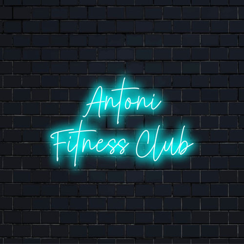 Antoni Fitness Club Personalized LED Neon Sign, neon text light on dark brick wall
