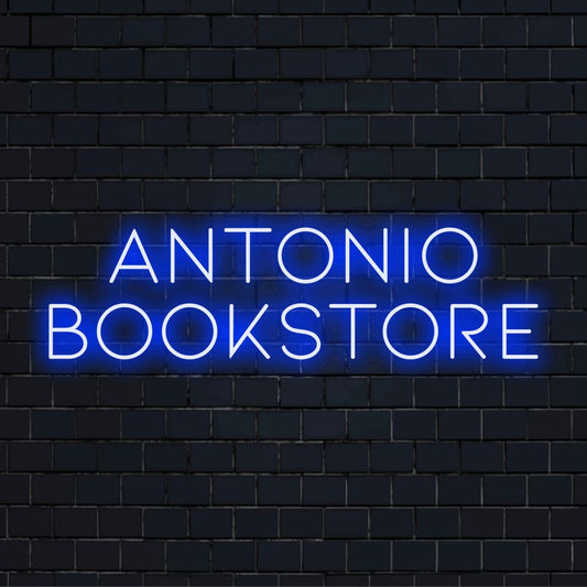 Antonio Bookstore Custom Name Neon Sign, soft neon glow against black brick wall