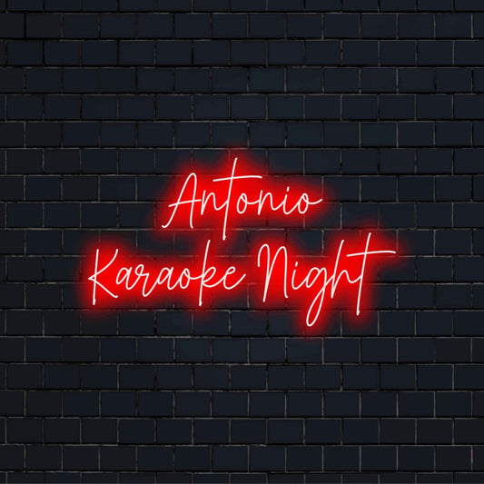 Antonio Karaoke Night Custom Name Neon Sign, glowing lettering on dark brick background