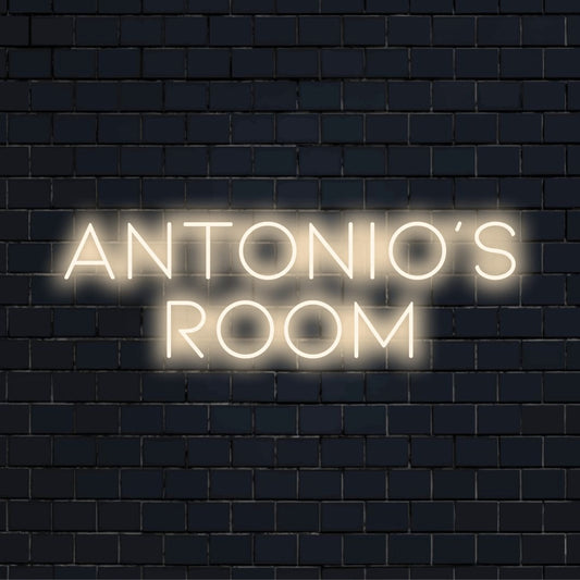 Antonio_s Room Custom Name Neon Sign, soft neon glow on dark brick background