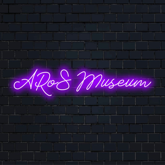 Aros Museum Neon Sign, glowing lettering on black brick background