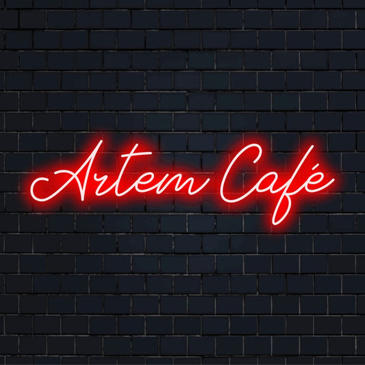 Artem Cafe Personalized LED Neon Sign, bright LED glow against black brick wall