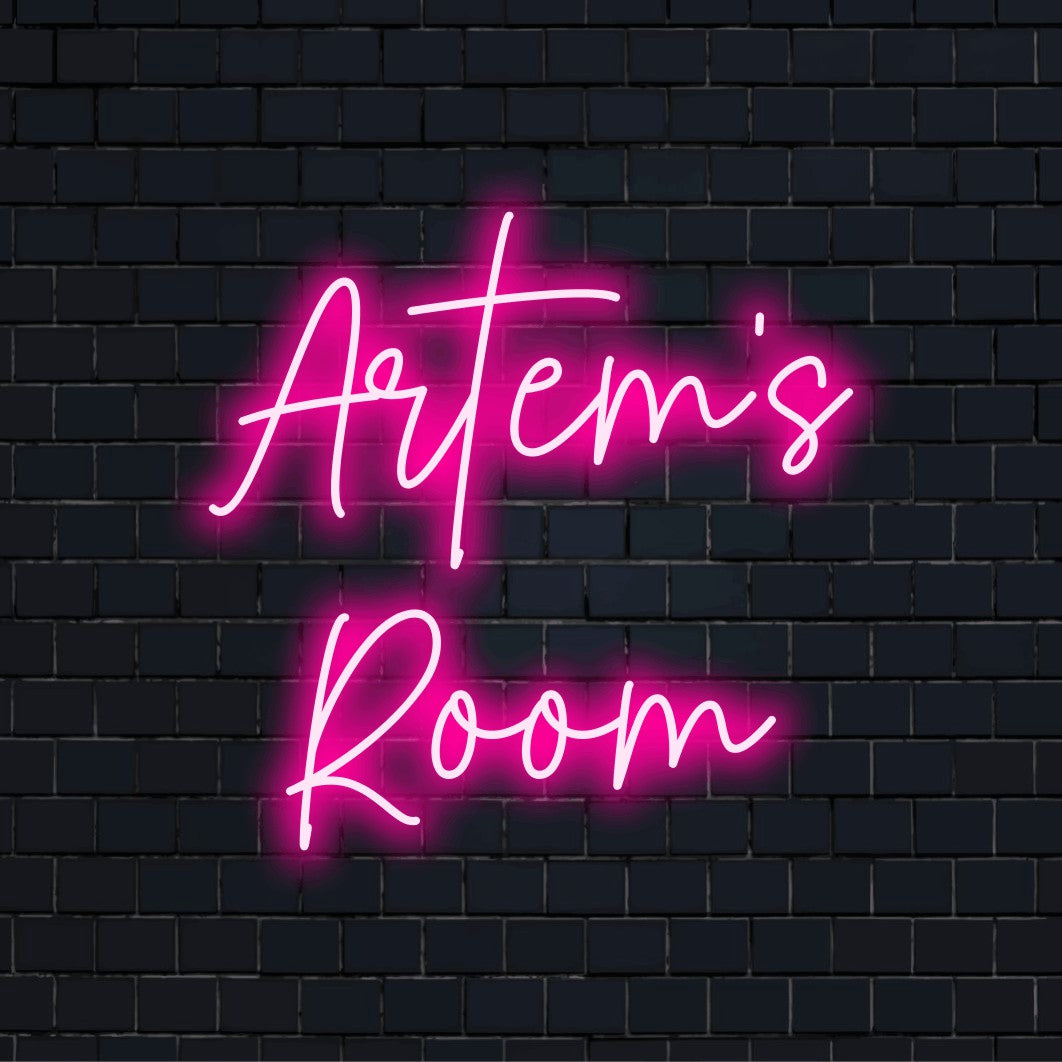 Artem_s Room Custom Name Neon Sign, glowing neon text against black brick wall