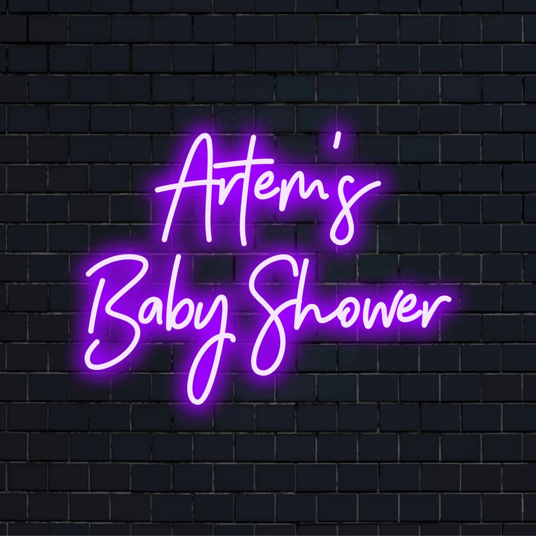 Artem_s Baby Shower Personalized Neon Light with glowing neon text on black brick background