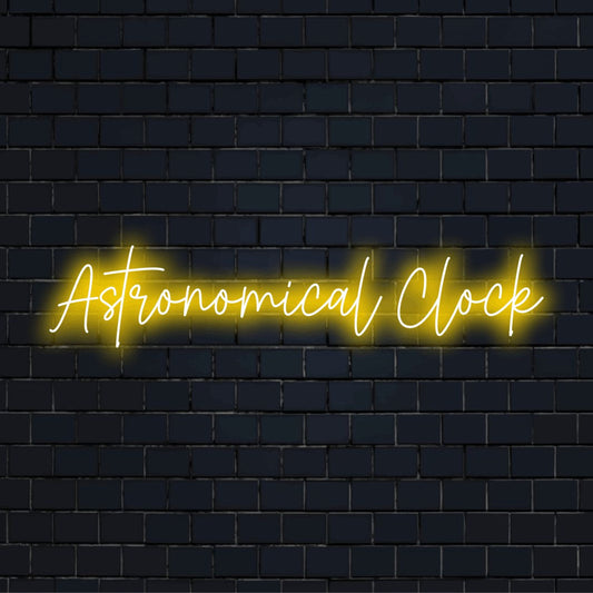 Astronomical Clock Neon Sign, soft neon glow on dark brick wall