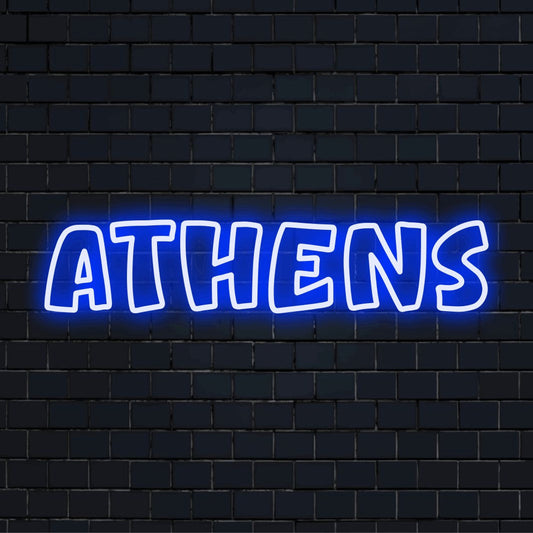 Athens Neon Light with bright LED glow against brick backdrop