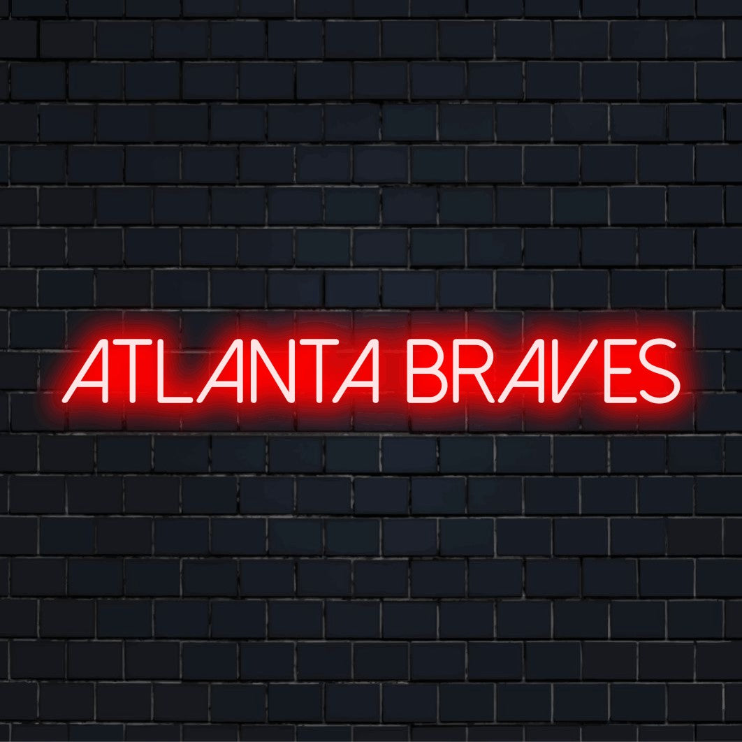 Atlanta Braves Neon Sign, bright LED glow on black brick background