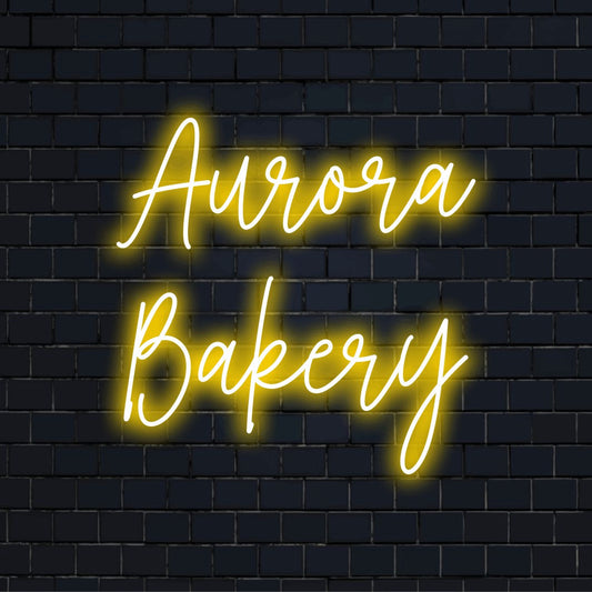 Aurora Bakery Personalized LED Neon Sign, bright neon lettering on dark brick background