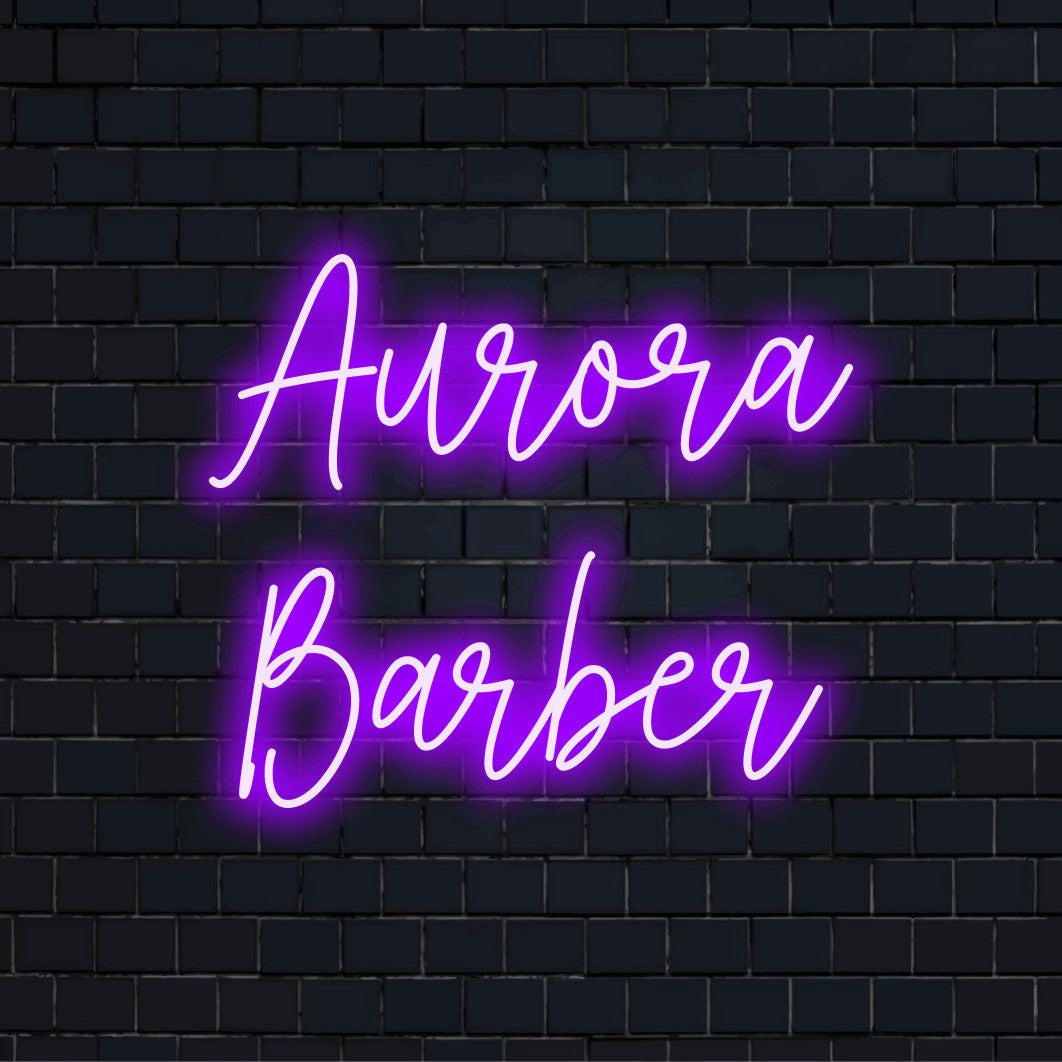 Aurora Barber Personalized LED Neon Sign, soft neon glow on dark brick wall