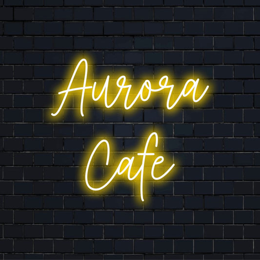 Aurora Cafe Personalized LED Neon Sign, glowing wall decor on black brick background