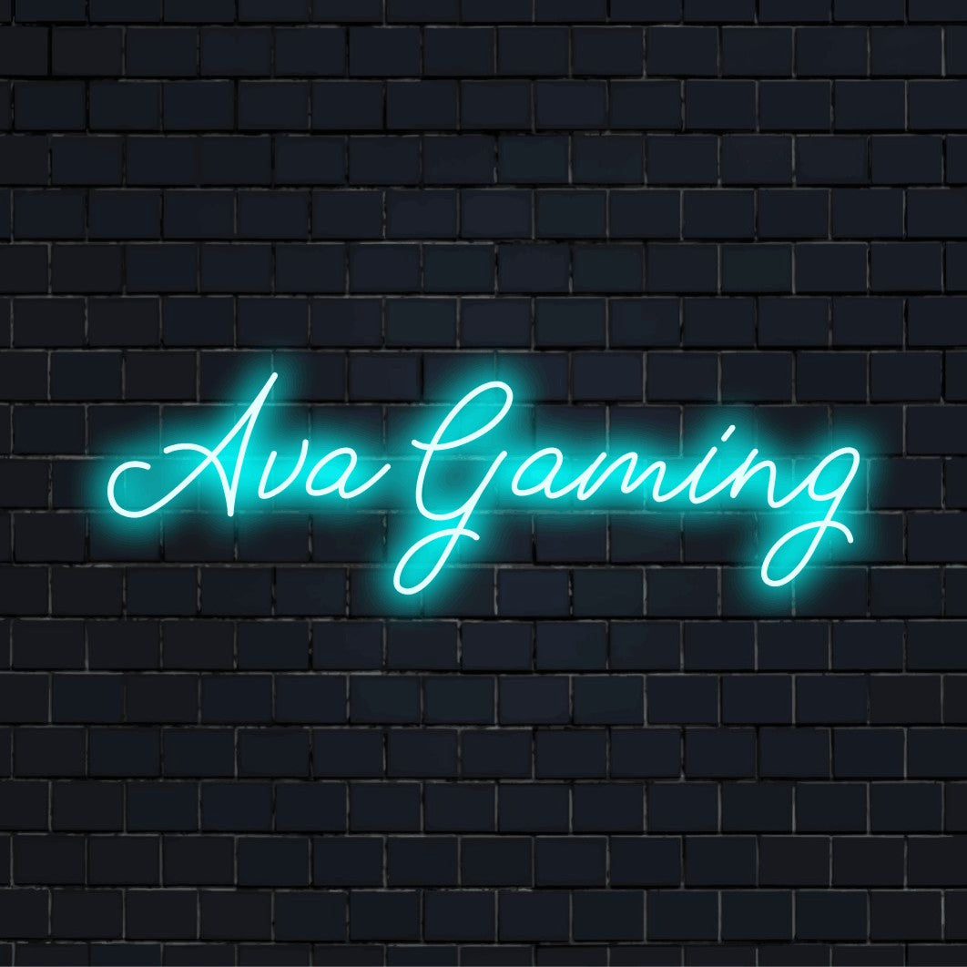 Ava Gaming Custom Name Neon Sign, bright neon lettering on dark brick wall