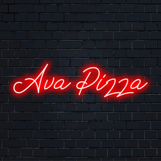 Ava Pizza Custom Name Neon Sign, glowing lettering on dark brick wall