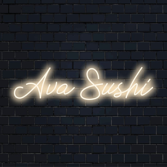 Ava Sushi Personalized Neon Light with glowing neon text on dark brick wall